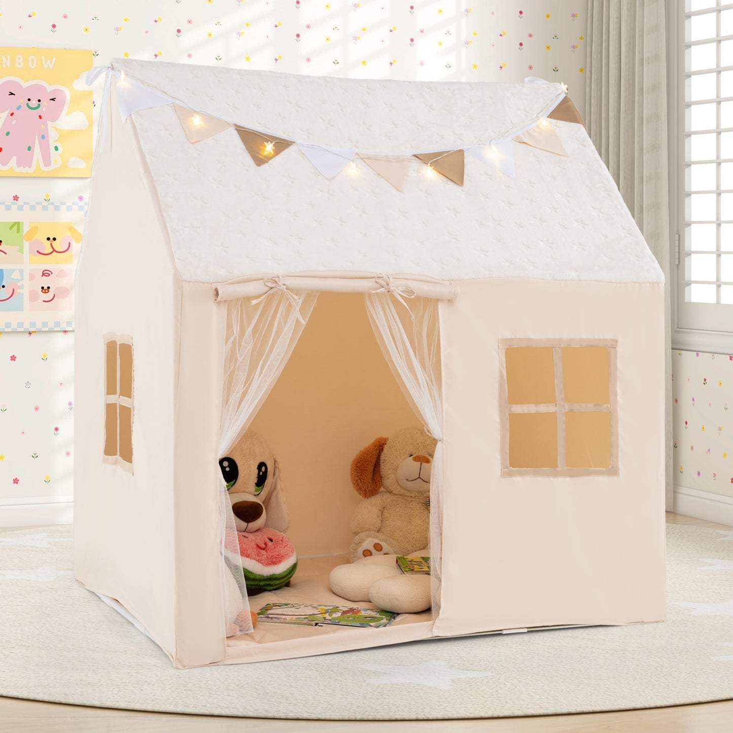 Kids Play Tent Large Playhouse with Glow in the Dark Stars and Mat-Beige Kids Crystal