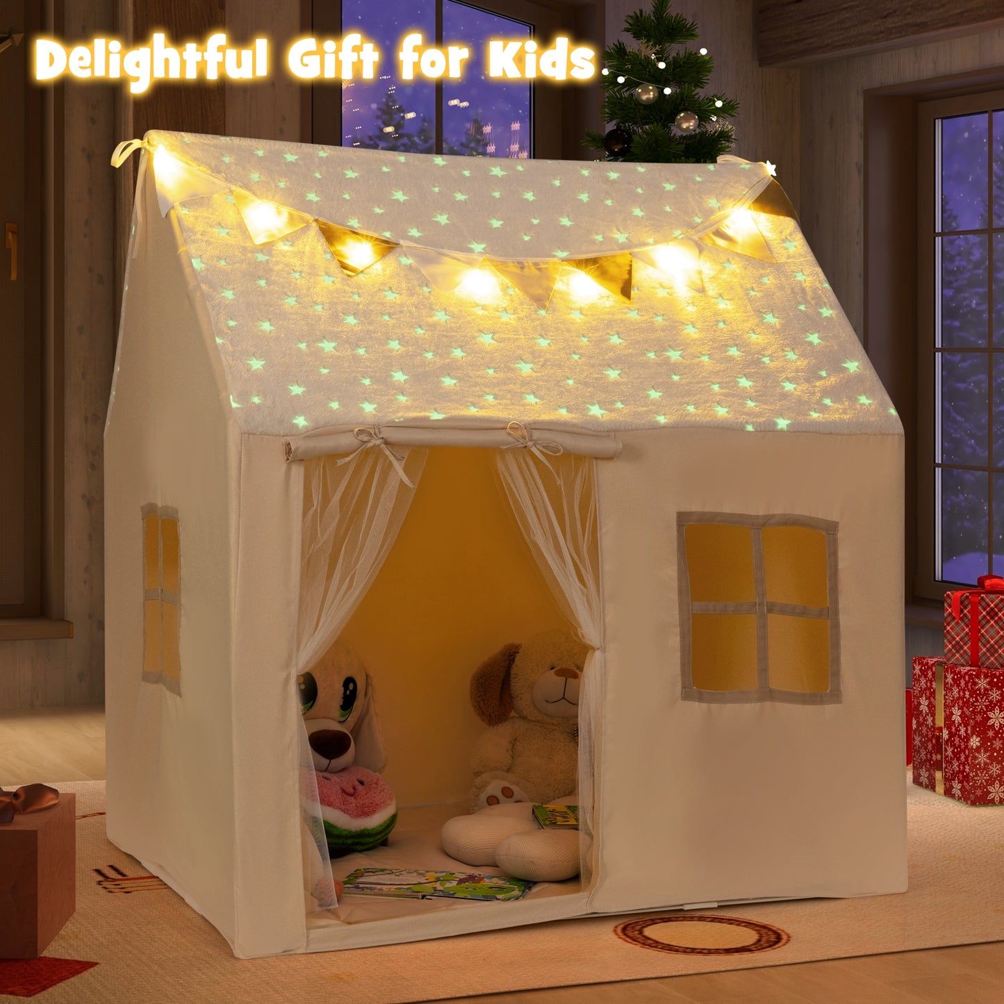 Kids Play Tent Large Playhouse with Glow in the Dark Stars and Mat-Beige Kids Crystal