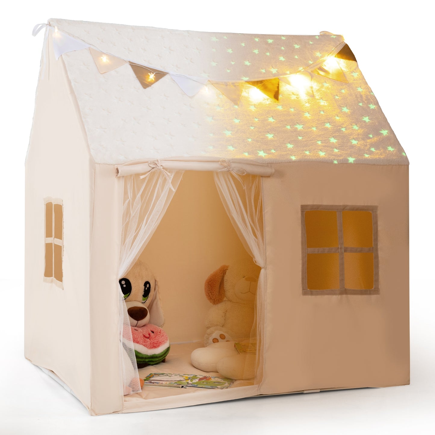 Kids Play Tent Large Playhouse with Glow in the Dark Stars and Mat-Beige Kids Crystal