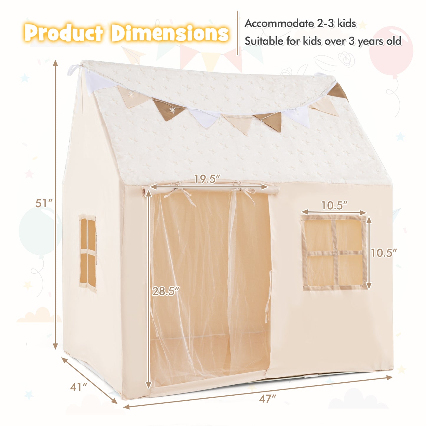 Kids Play Tent Large Playhouse with Glow in the Dark Stars and Mat-Beige Kids Crystal