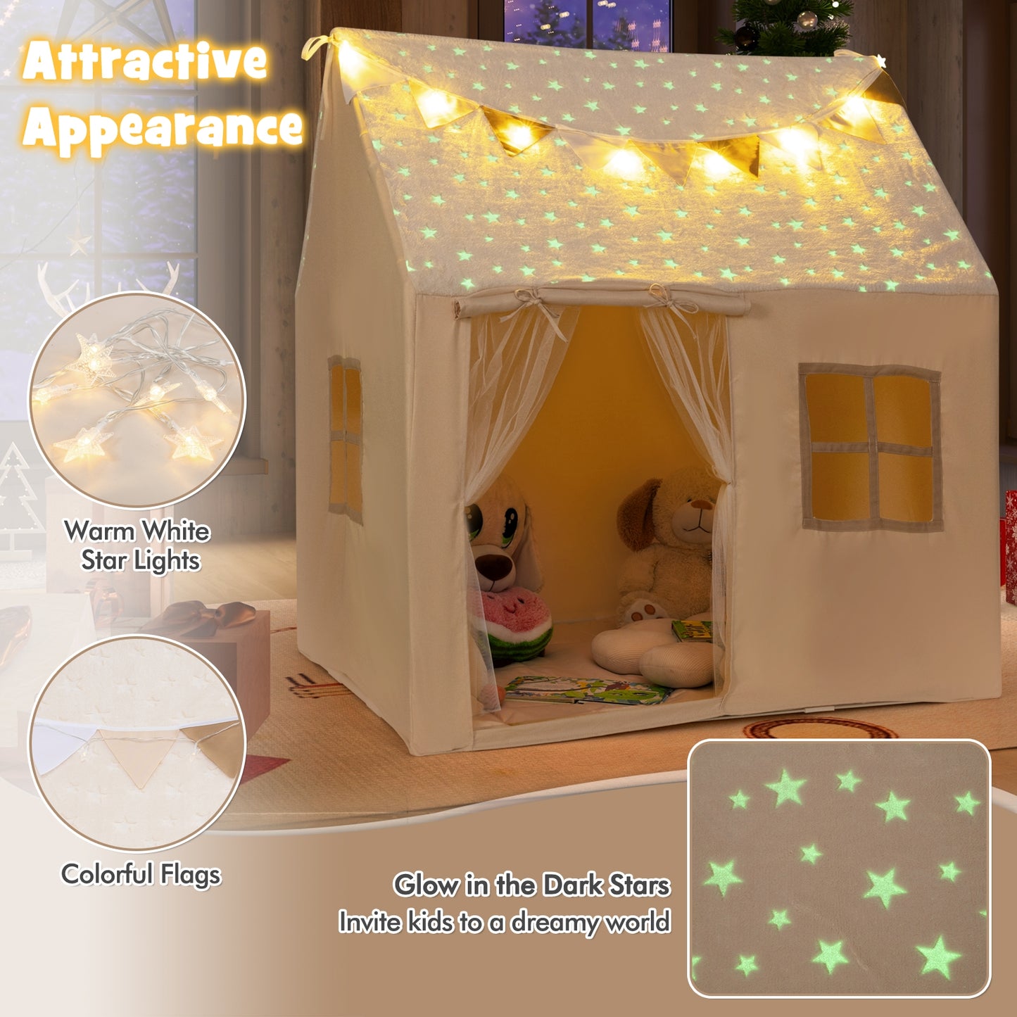 Kids Play Tent Large Playhouse with Glow in the Dark Stars and Mat-Beige Kids Crystal
