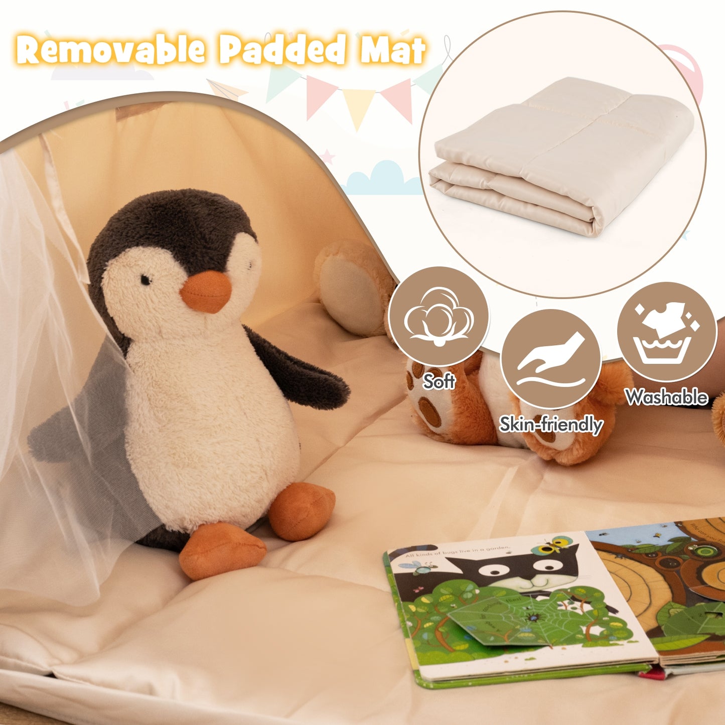 Kids Play Tent Large Playhouse with Glow in the Dark Stars and Mat-Beige Kids Crystal