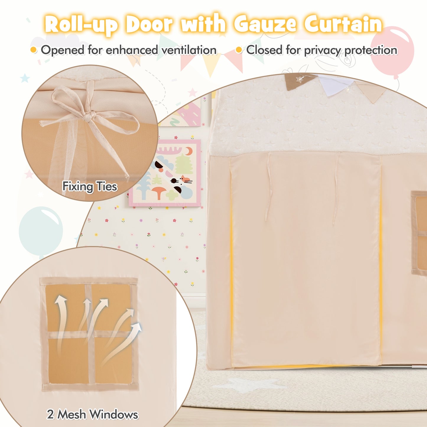 Kids Play Tent Large Playhouse with Glow in the Dark Stars and Mat-Beige Kids Crystal