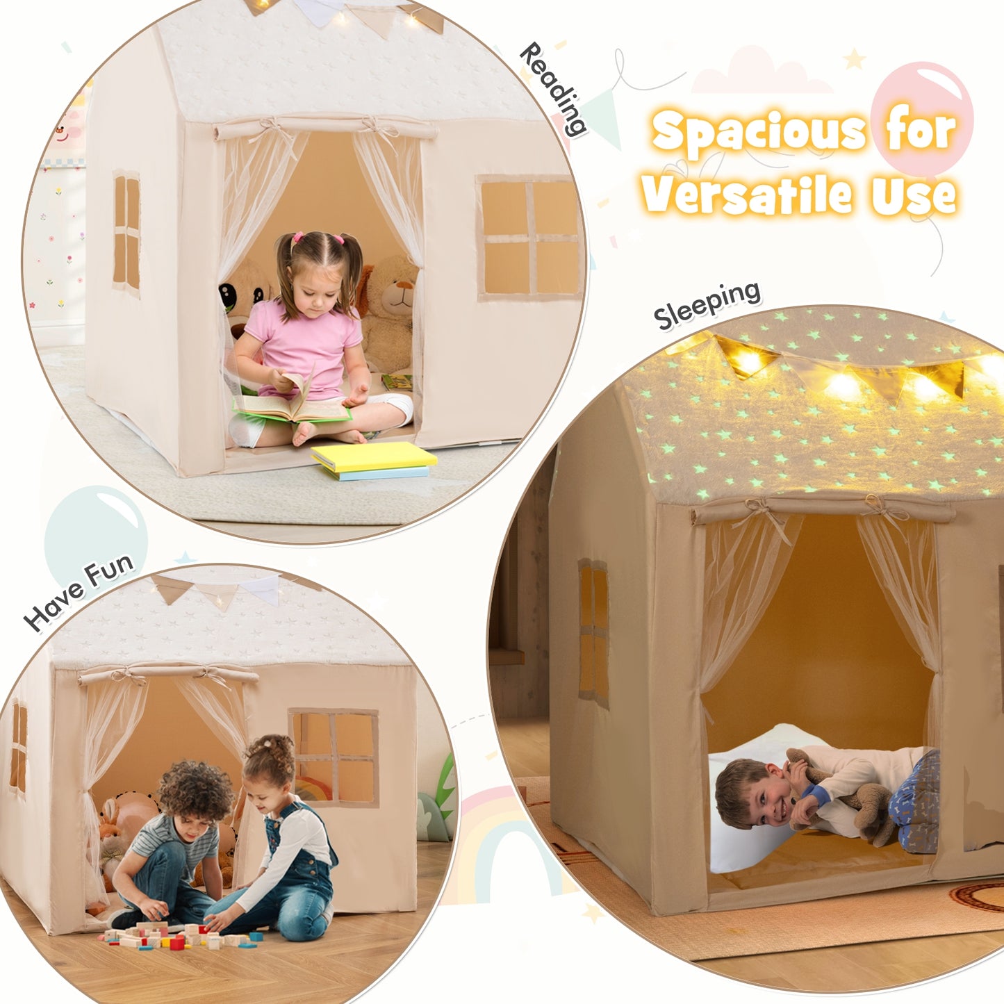 Kids Play Tent Large Playhouse with Glow in the Dark Stars and Mat-Beige Kids Crystal
