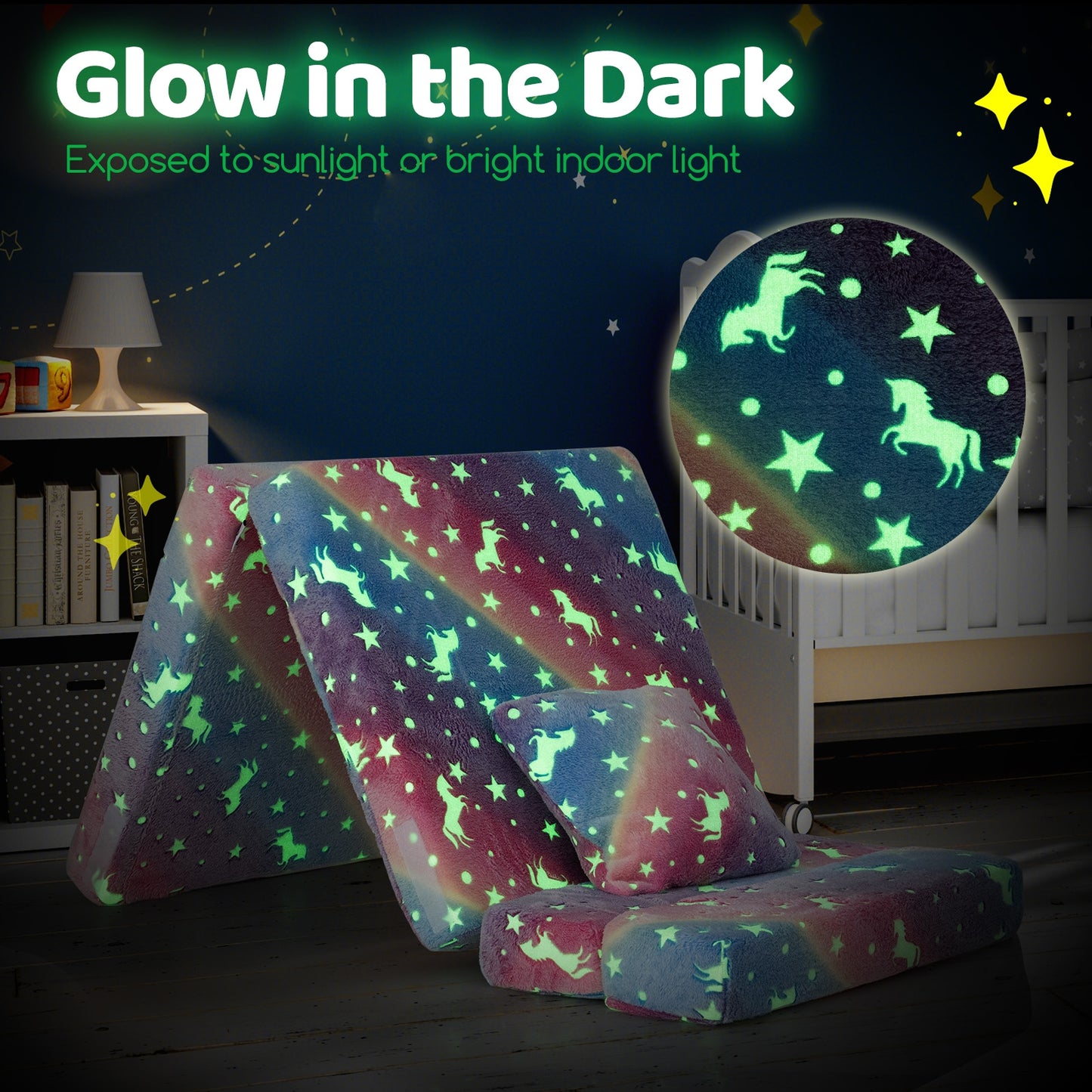 Kids Folding Sofa Bed Floor Mattress Glow in the Dark with Pillow-Multicolor