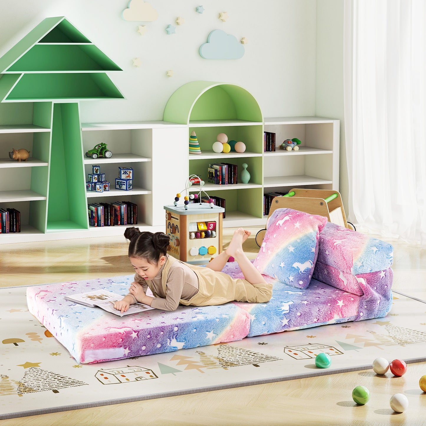 Kids Folding Sofa Bed Floor Mattress Glow in the Dark with Pillow-Multicolor