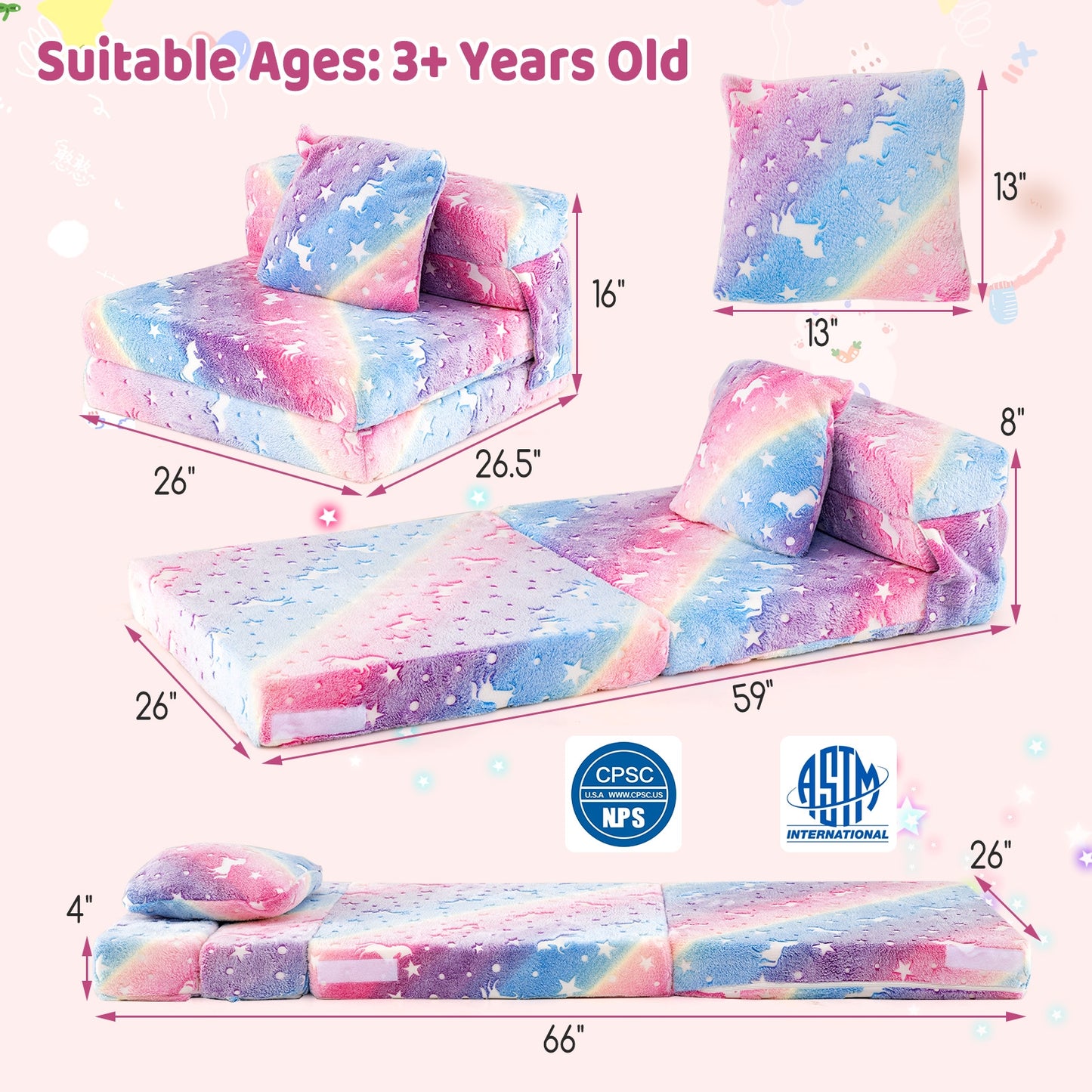 Kids Folding Sofa Bed Floor Mattress Glow in the Dark with Pillow-Multicolor
