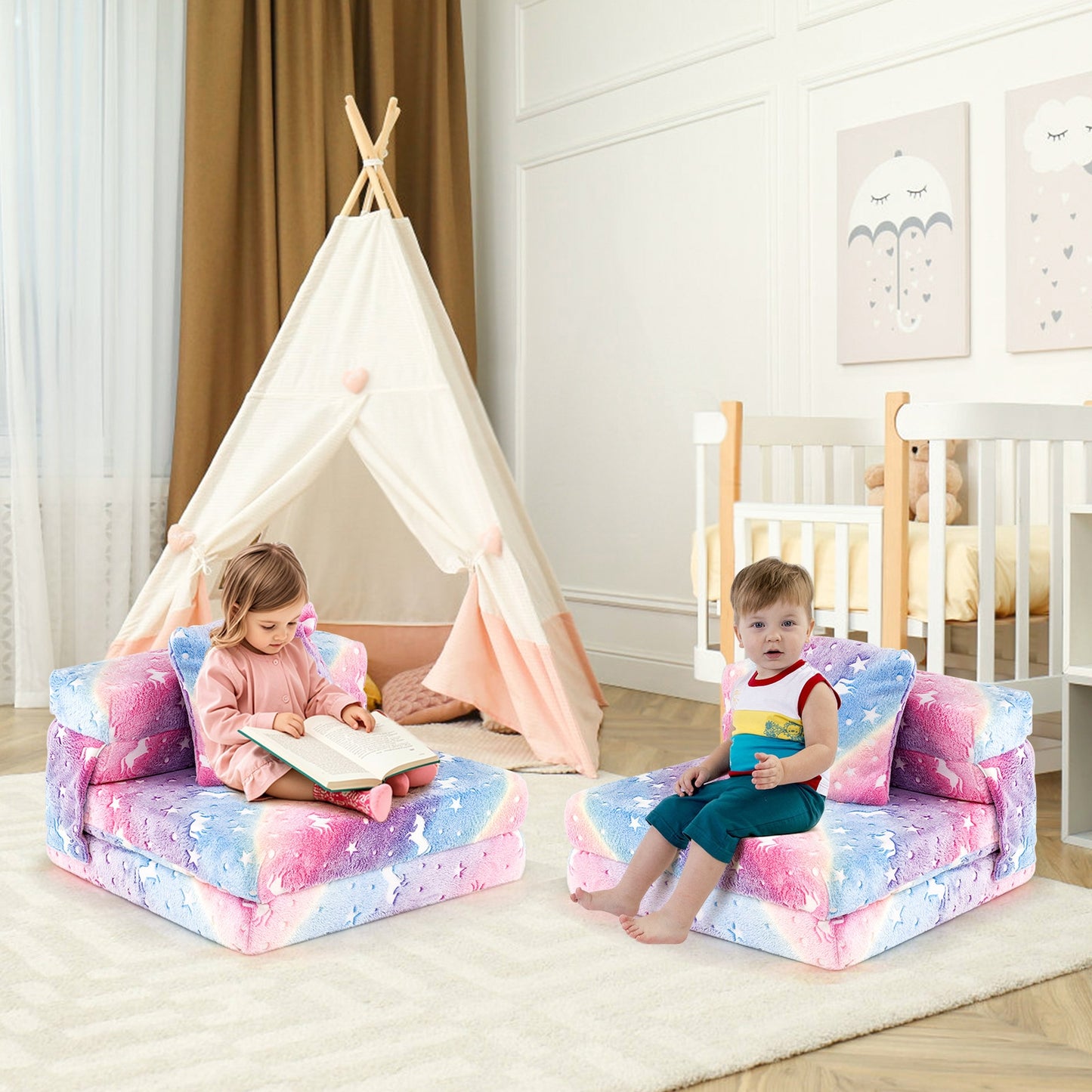 Kids Folding Sofa Bed Floor Mattress Glow in the Dark with Pillow-Multicolor