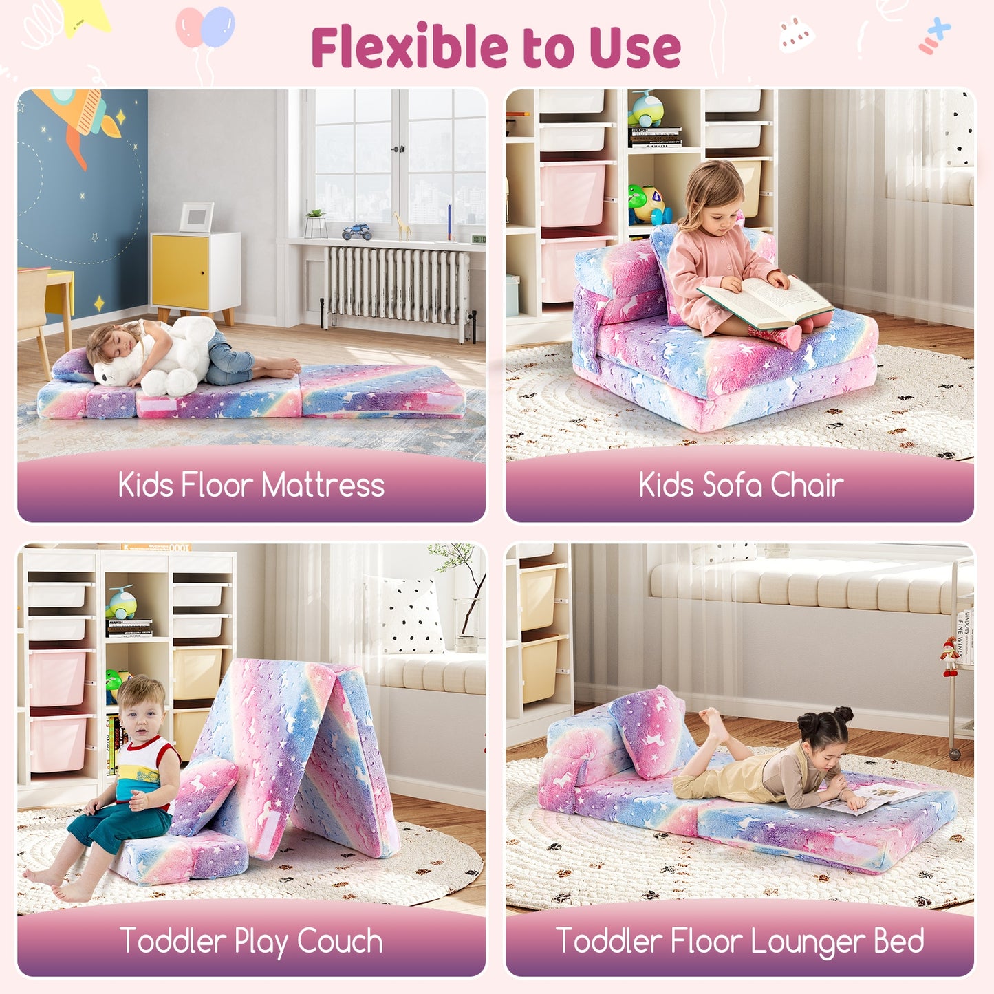 Kids Folding Sofa Bed Floor Mattress Glow in the Dark with Pillow-Multicolor