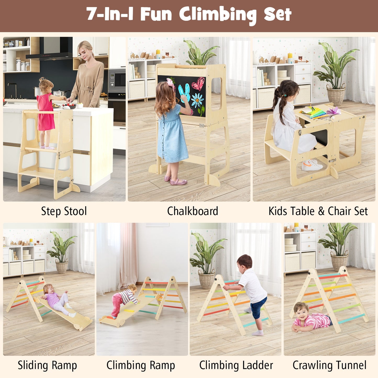 7-in-1 Toddler Climbing Toy Connected Table and Chair Set for Boys and Girls Aged 3-14 Years Old-Multicolor Kids Crystal