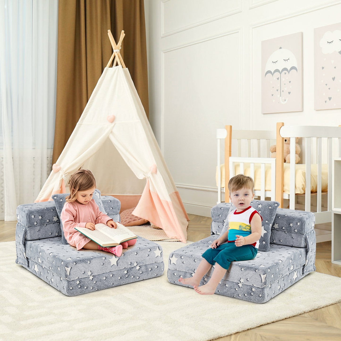 Kids Folding Sofa Bed Floor Mattress Glow in the Dark with Pillow-Gray