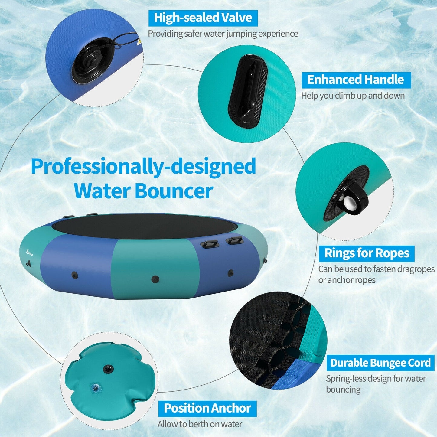 10 Feet Inflatable Splash Padded Water Bouncer Trampoline-Blue Kids Crystal