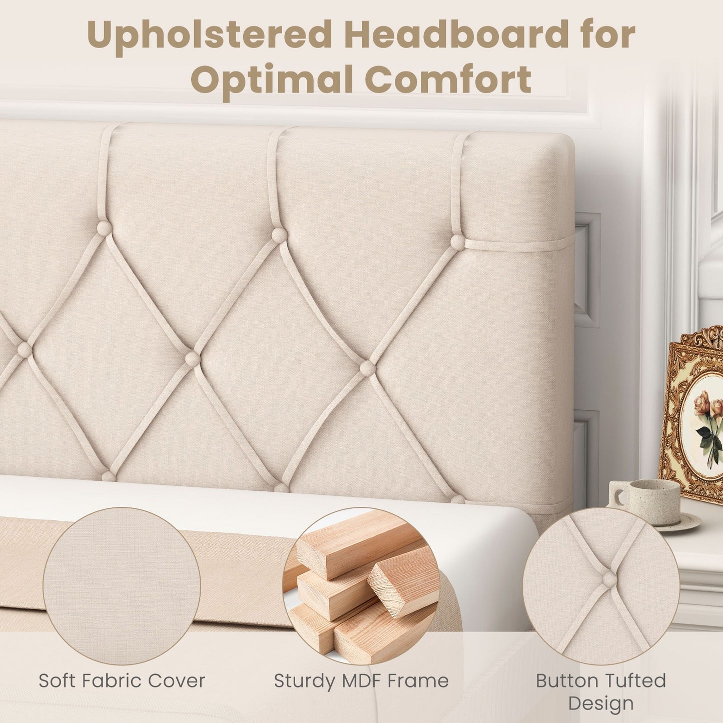 Upholstered Headboard for Twin Size Bed with Fabric Upholstery-Beige Kids Crystal