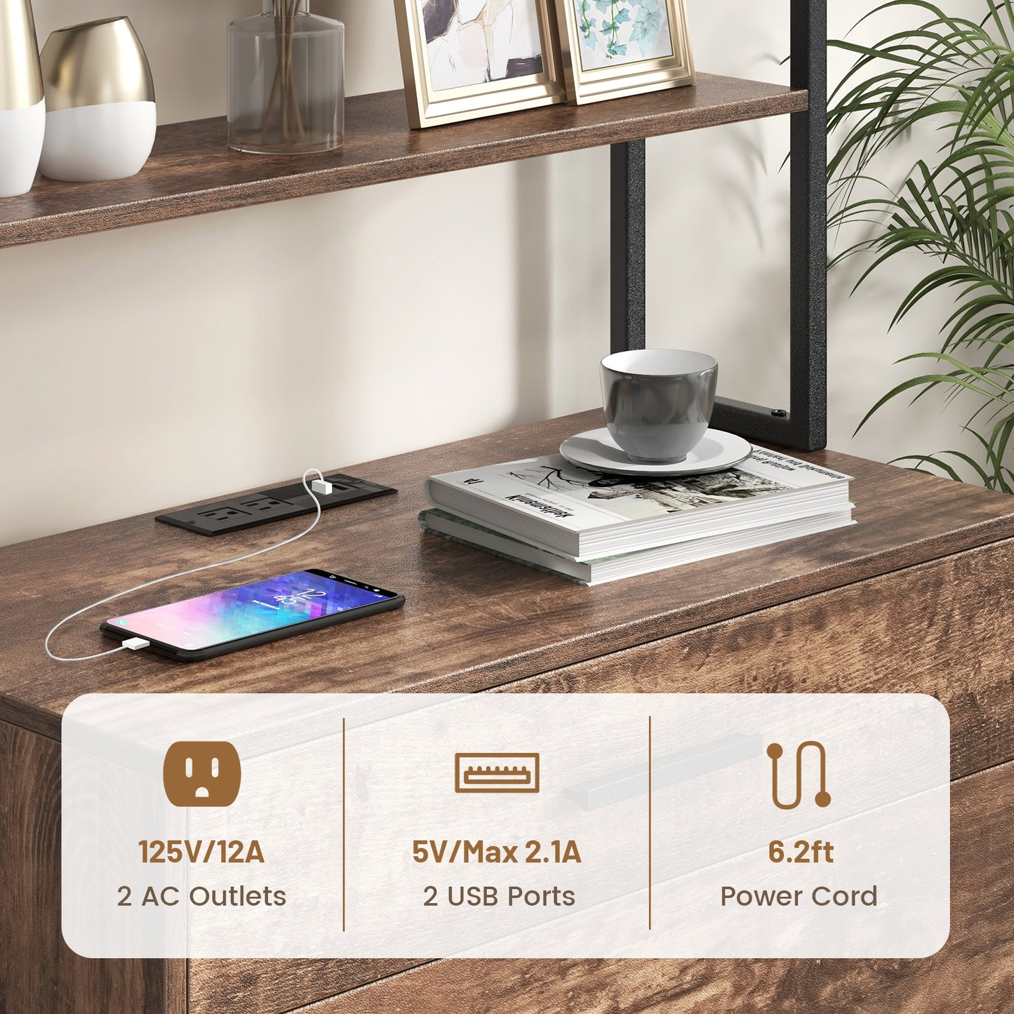 Freestanding File Cabinet with Charging Station and 3-Tier Open Shelves-Rustic Brown Kids Crystal