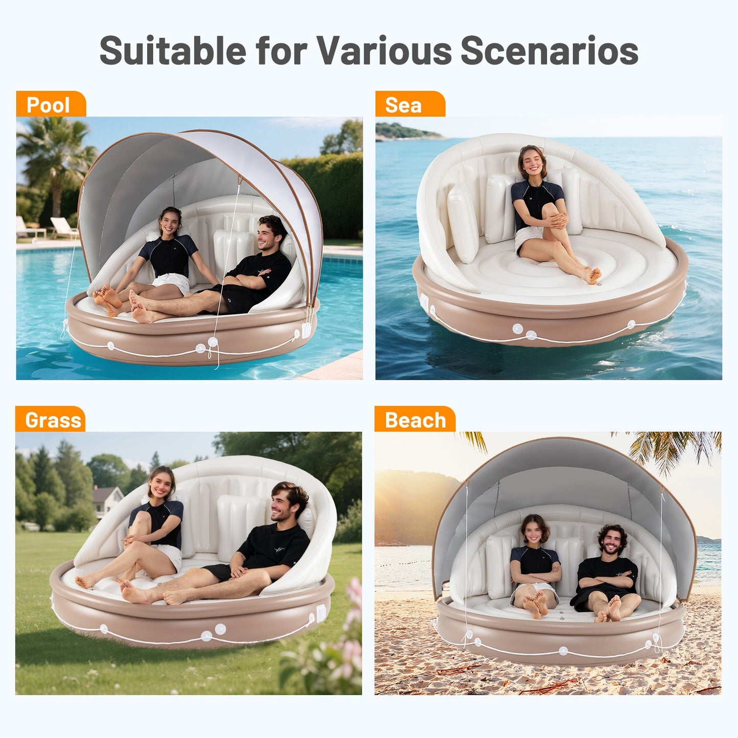 Inflatable Canopy Island Tanning Pool Lounger Float with Retractable Canopy Kids Crystal