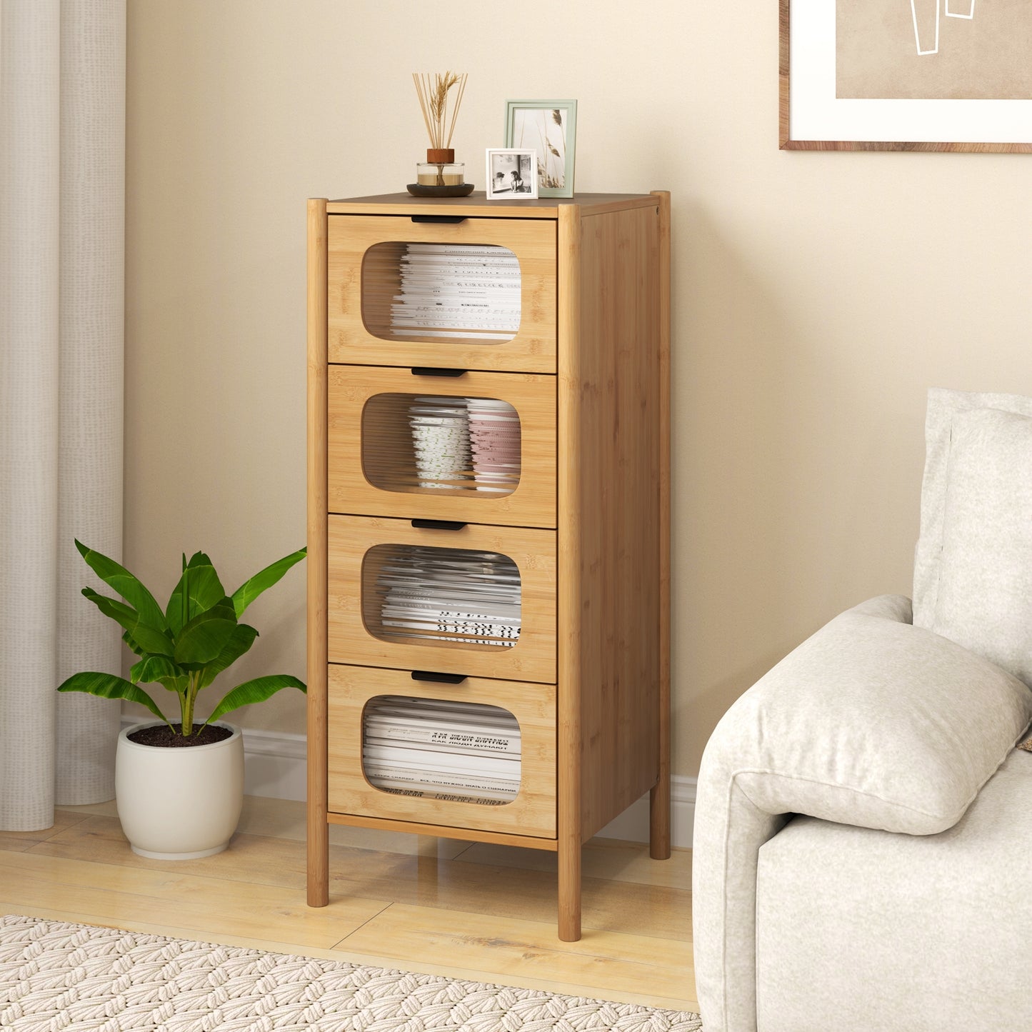 4-Drawer Dresser Bamboo Storage Cabinet with Fluted Tempered Glass Drawers-Natural Kids Crystal