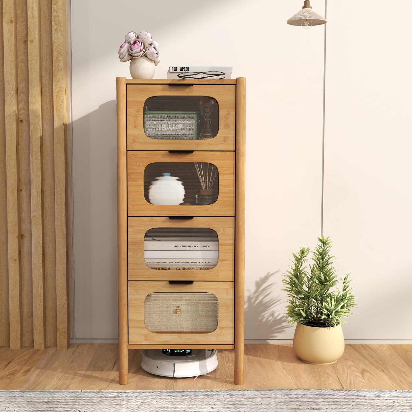 4-Drawer Dresser Bamboo Storage Cabinet with Fluted Tempered Glass Drawers-Natural Kids Crystal
