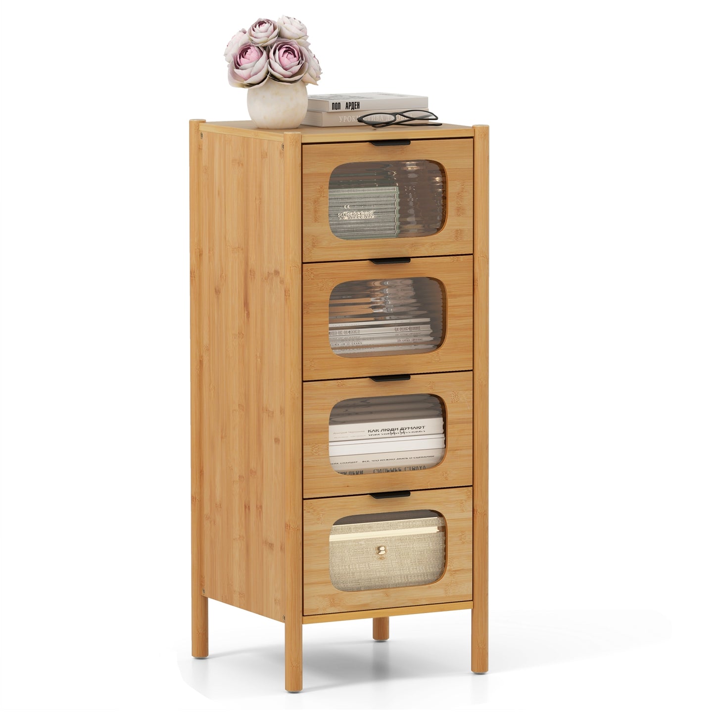 4-Drawer Dresser Bamboo Storage Cabinet with Fluted Tempered Glass Drawers-Natural Kids Crystal