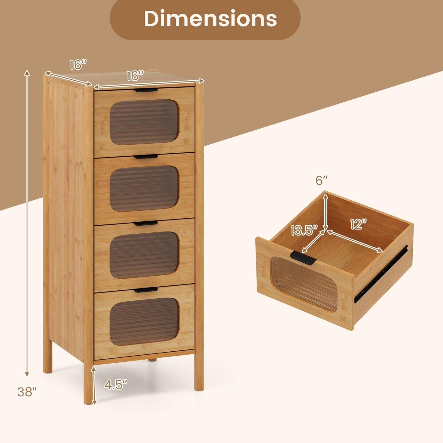 4-Drawer Dresser Bamboo Storage Cabinet with Fluted Tempered Glass Drawers-Natural Kids Crystal