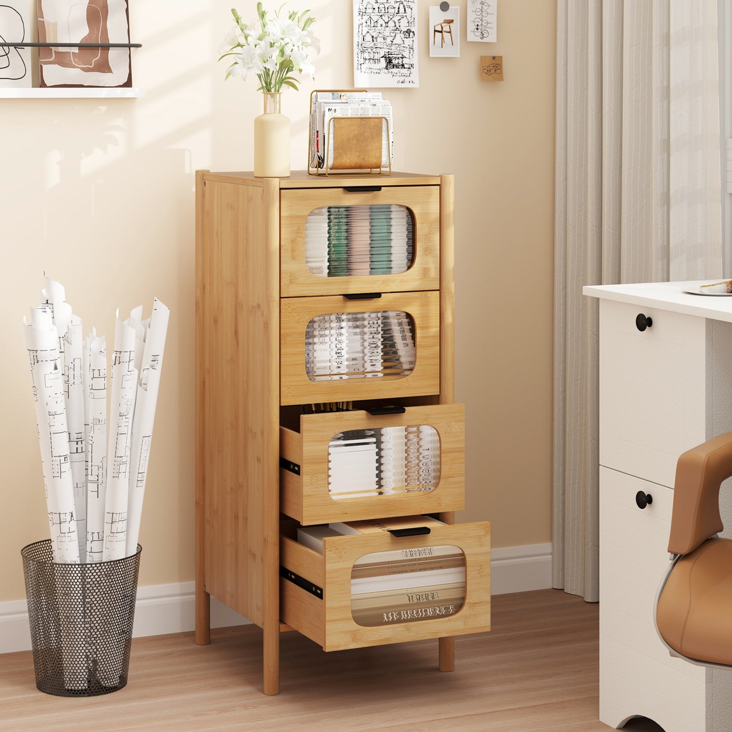 4-Drawer Dresser Bamboo Storage Cabinet with Fluted Tempered Glass Drawers-Natural Kids Crystal
