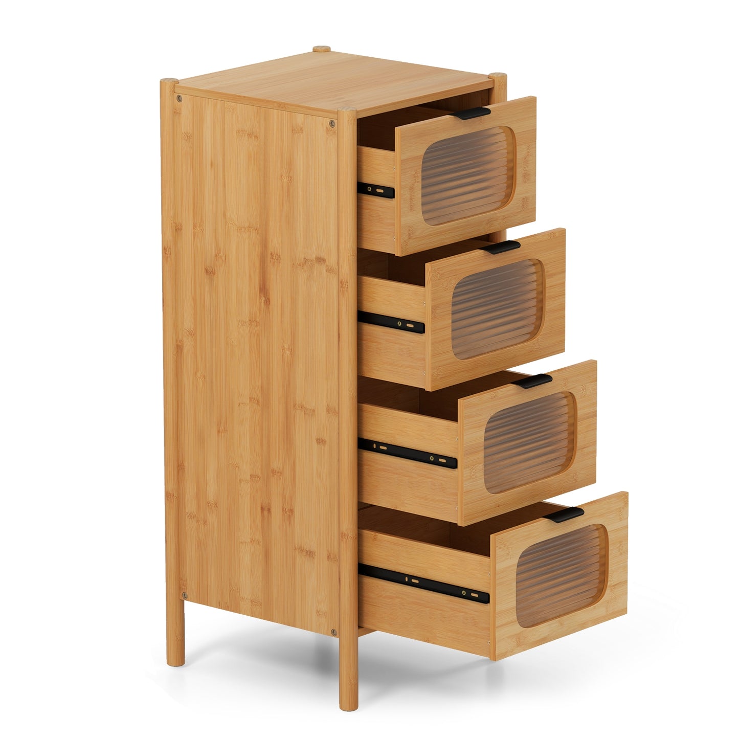 4-Drawer Dresser Bamboo Storage Cabinet with Fluted Tempered Glass Drawers-Natural Kids Crystal