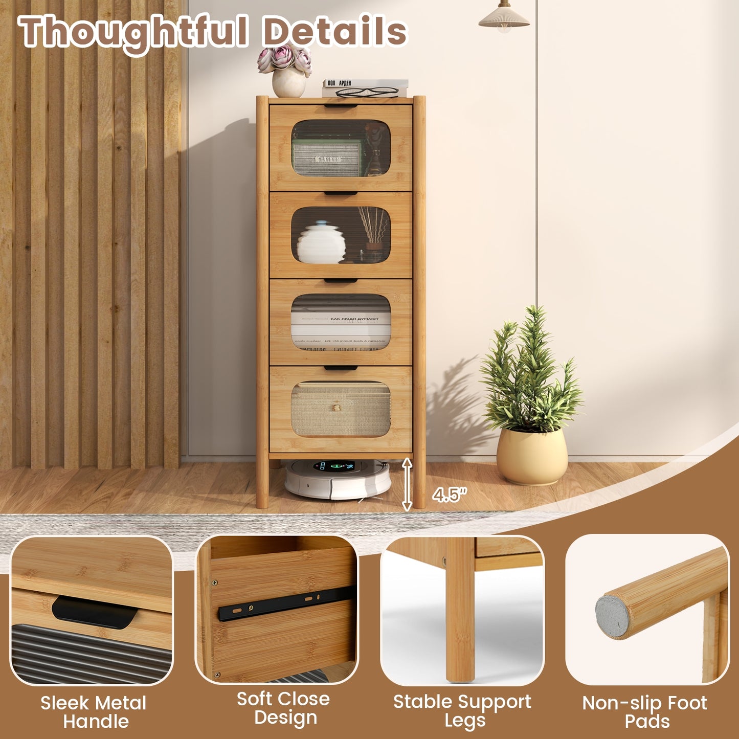 4-Drawer Dresser Bamboo Storage Cabinet with Fluted Tempered Glass Drawers-Natural Kids Crystal