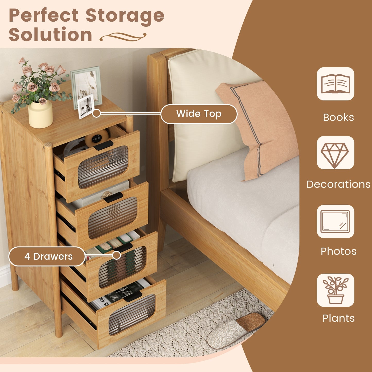 4-Drawer Dresser Bamboo Storage Cabinet with Fluted Tempered Glass Drawers-Natural Kids Crystal