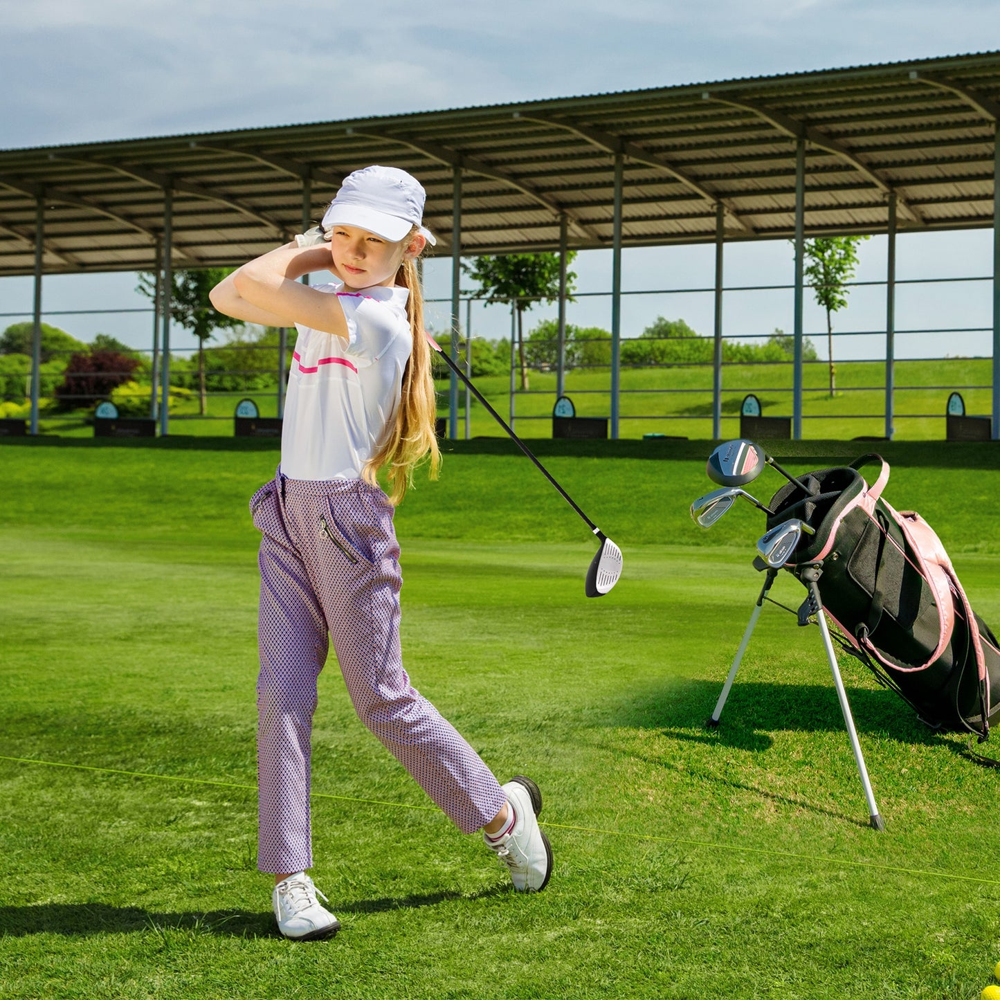 Junior Complete Golf Club Set with Stand Bag Rain Hood-Pink Kids Crystal