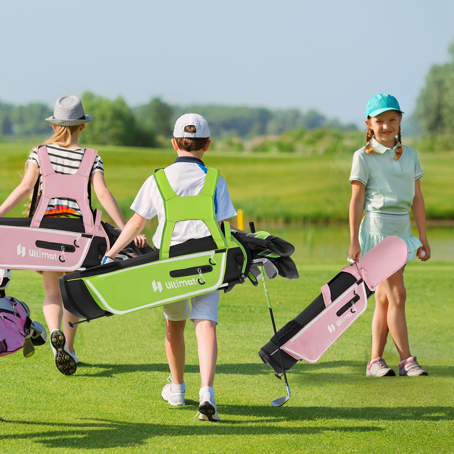 Junior Complete Golf Club Set with Stand Bag Rain Hood-Pink Kids Crystal