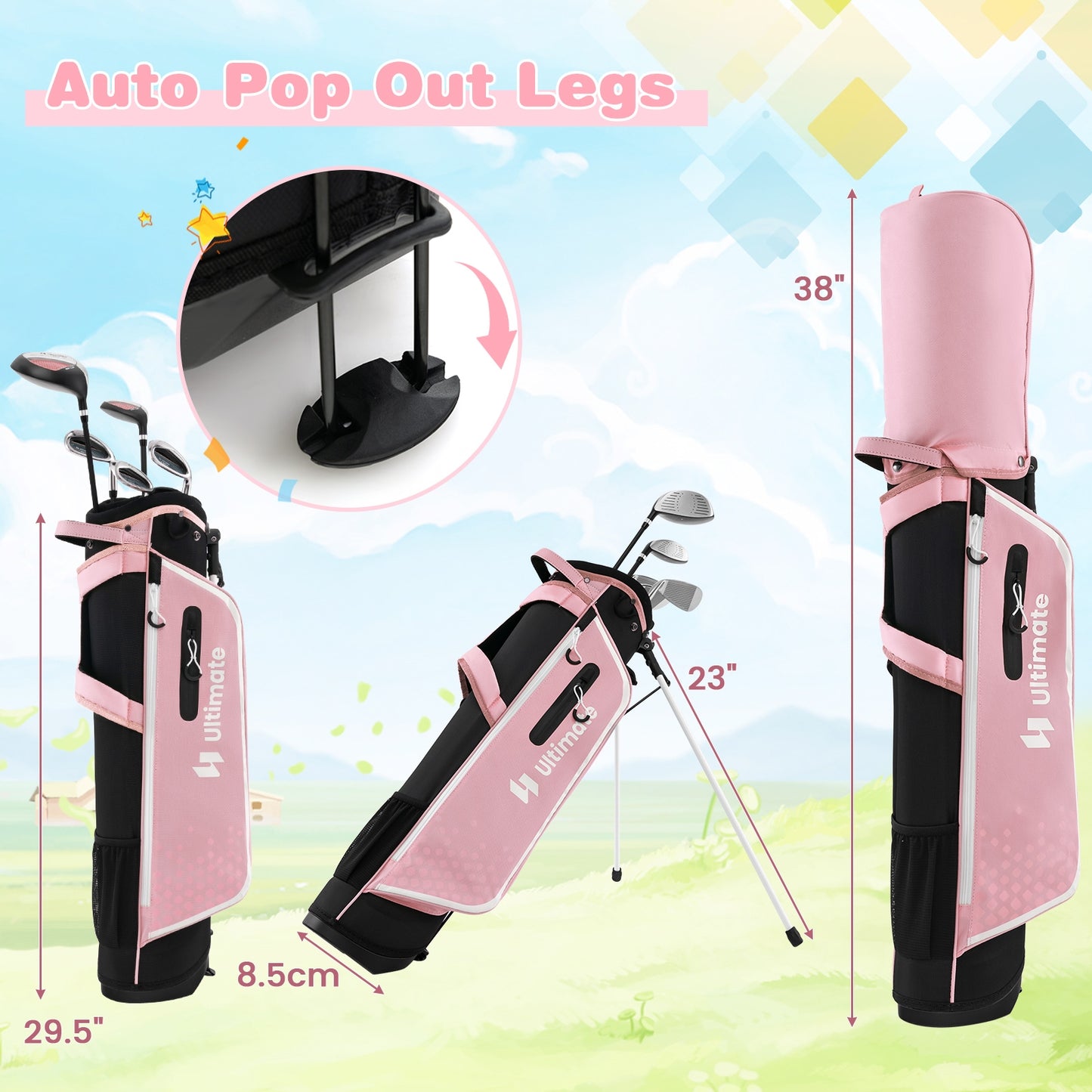 Junior Complete Golf Club Set with Stand Bag Rain Hood-Pink Kids Crystal