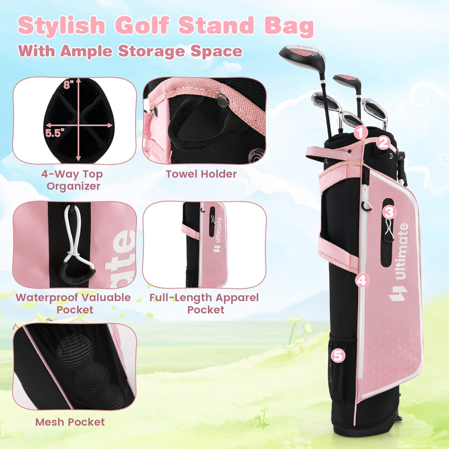 Junior Complete Golf Club Set with Stand Bag Rain Hood-Pink Kids Crystal