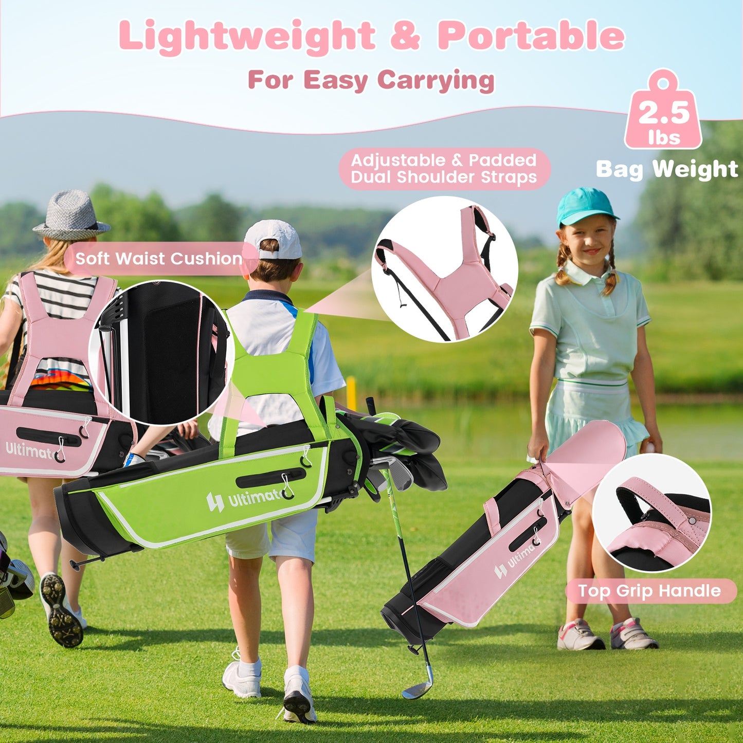 Junior Complete Golf Club Set with Stand Bag Rain Hood-Pink Kids Crystal