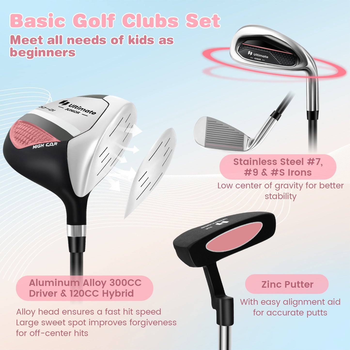 Junior Complete Golf Club Set with Stand Bag Rain Hood-Pink Kids Crystal