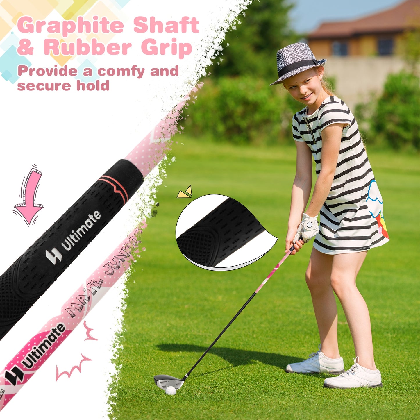 Junior Complete Golf Club Set with Stand Bag Rain Hood-Pink Kids Crystal