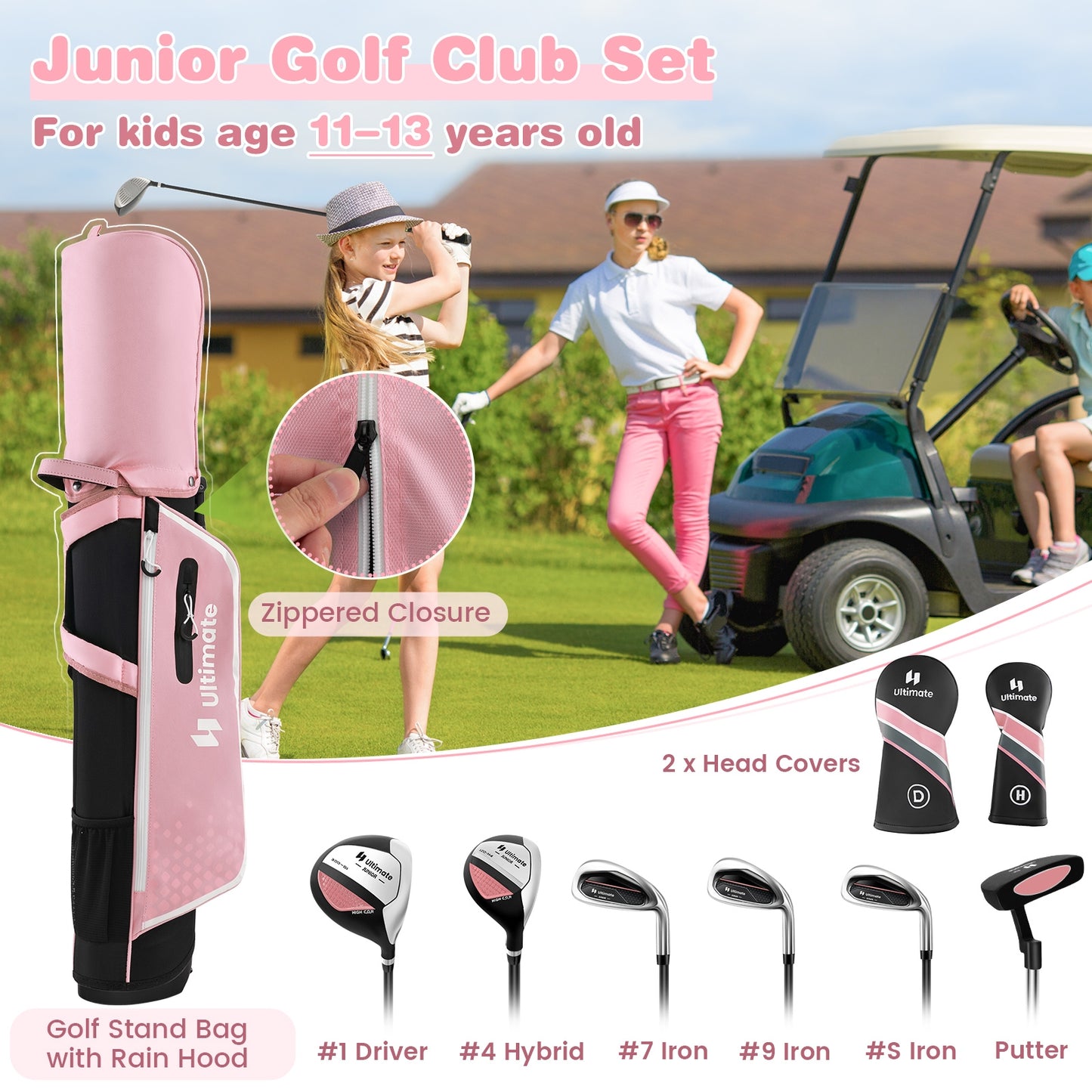 Junior Complete Golf Club Set with Stand Bag Rain Hood-Pink Kids Crystal