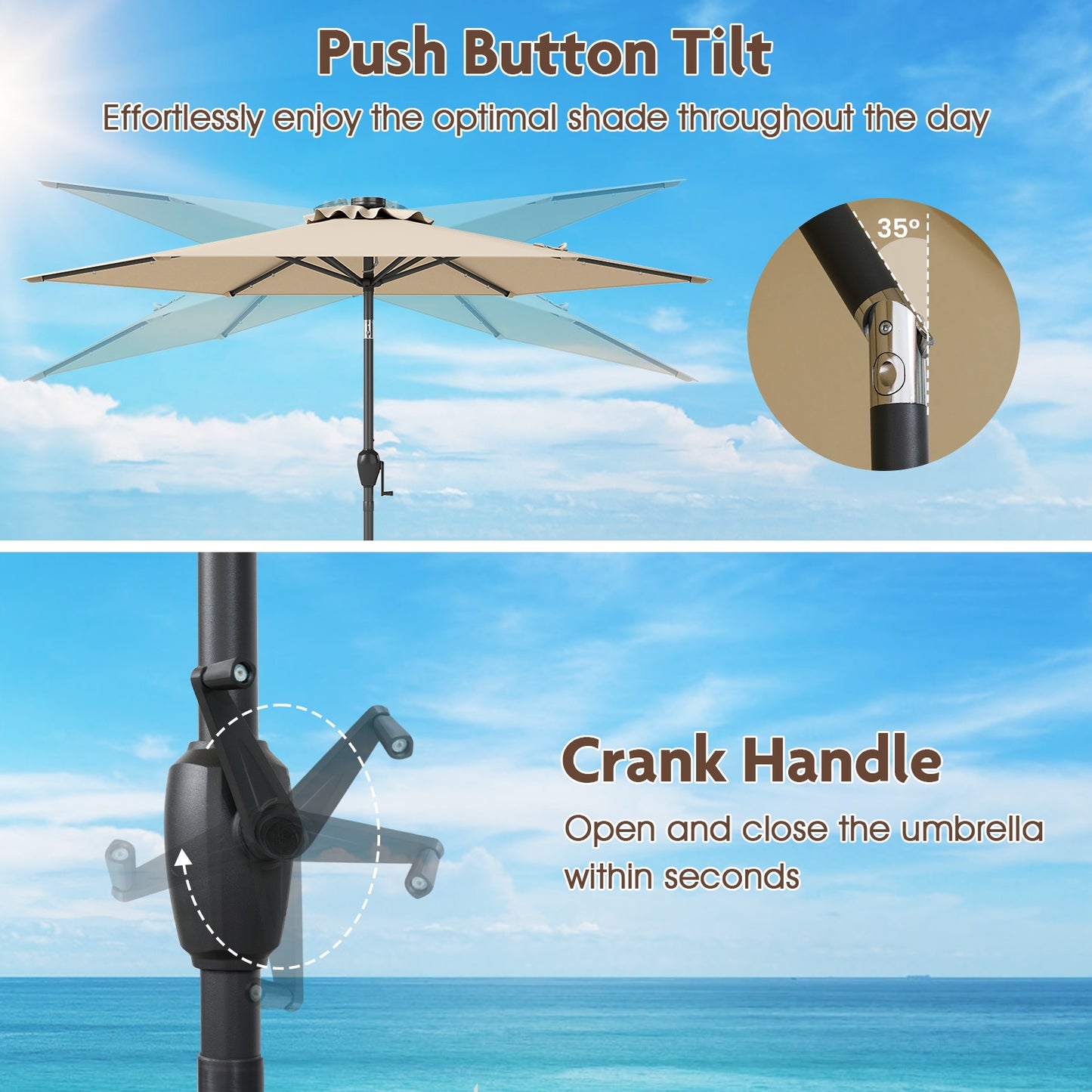 7.5 Feet Solar Powered Patio Umbrella with LED Lights and Crank Handle-Beige