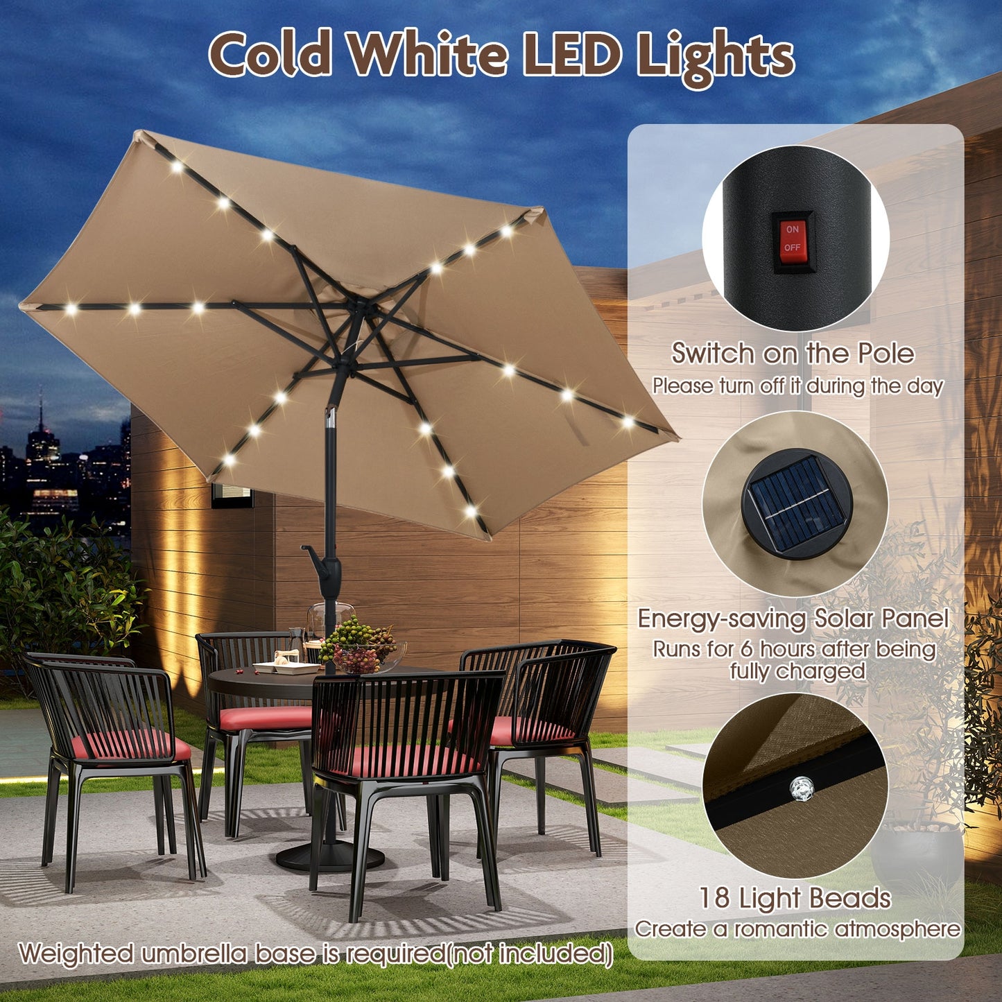 7.5 Feet Solar Powered Patio Umbrella with LED Lights and Crank Handle-Beige