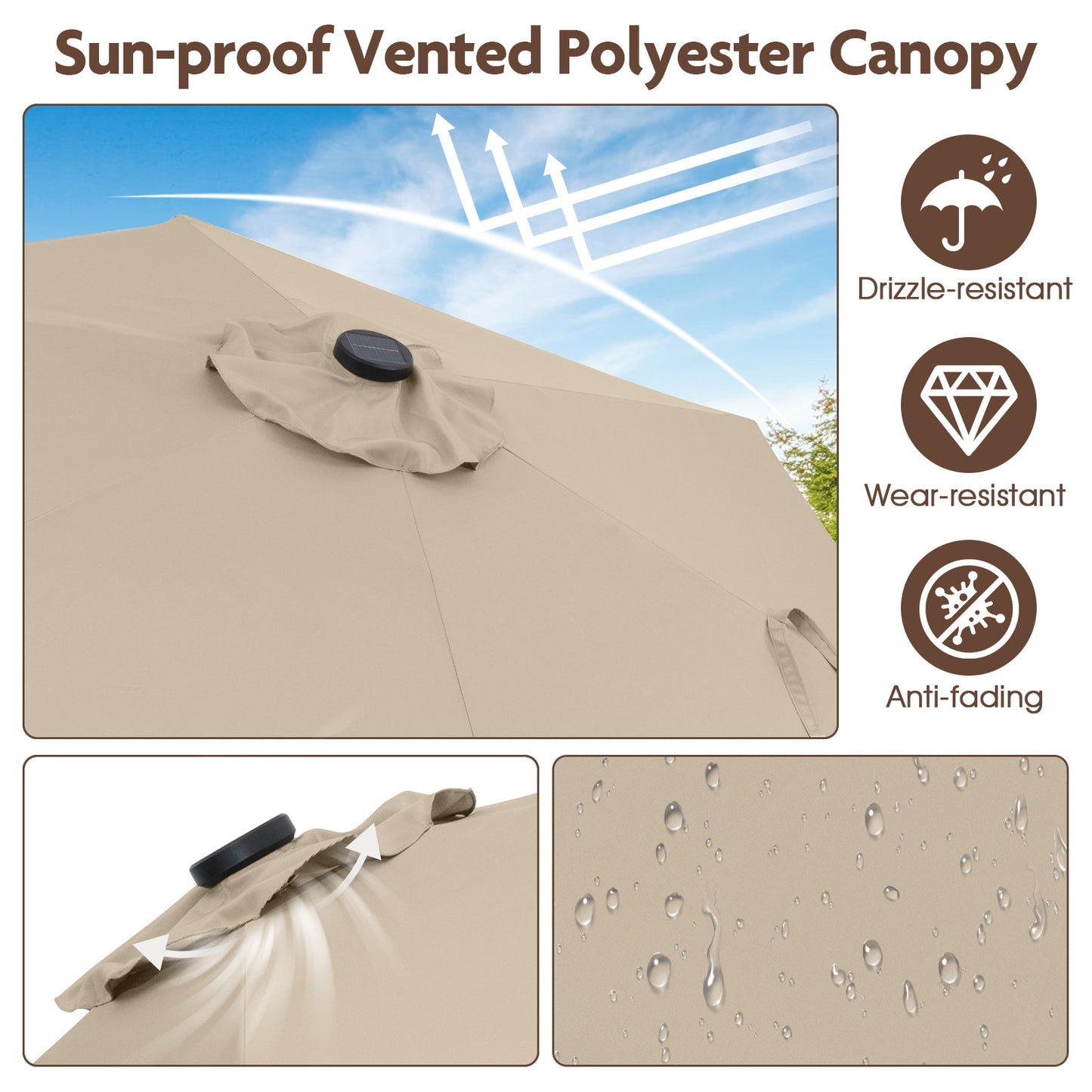 7.5 Feet Solar Powered Patio Umbrella with LED Lights and Crank Handle-Beige
