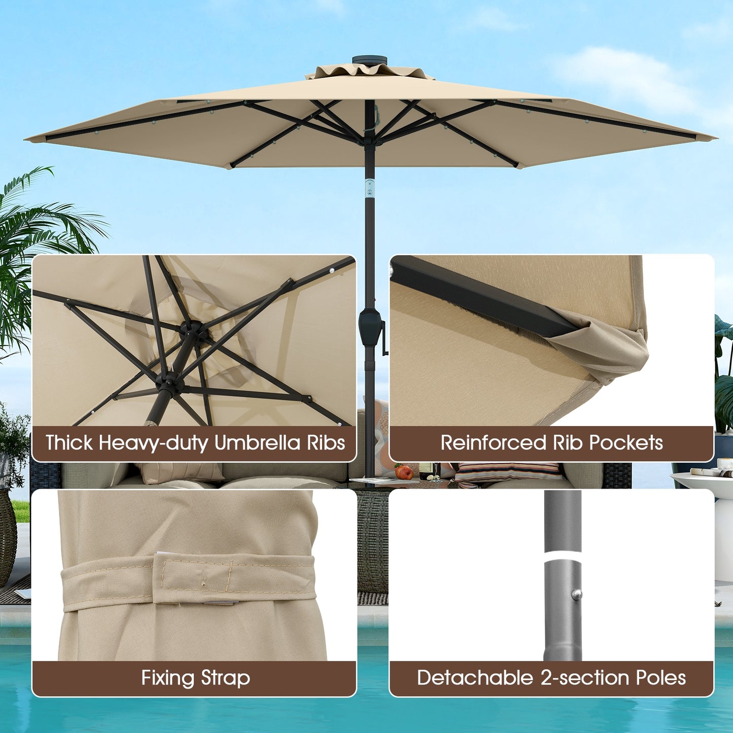 7.5 Feet Solar Powered Patio Umbrella with LED Lights and Crank Handle-Beige Kids Crystal