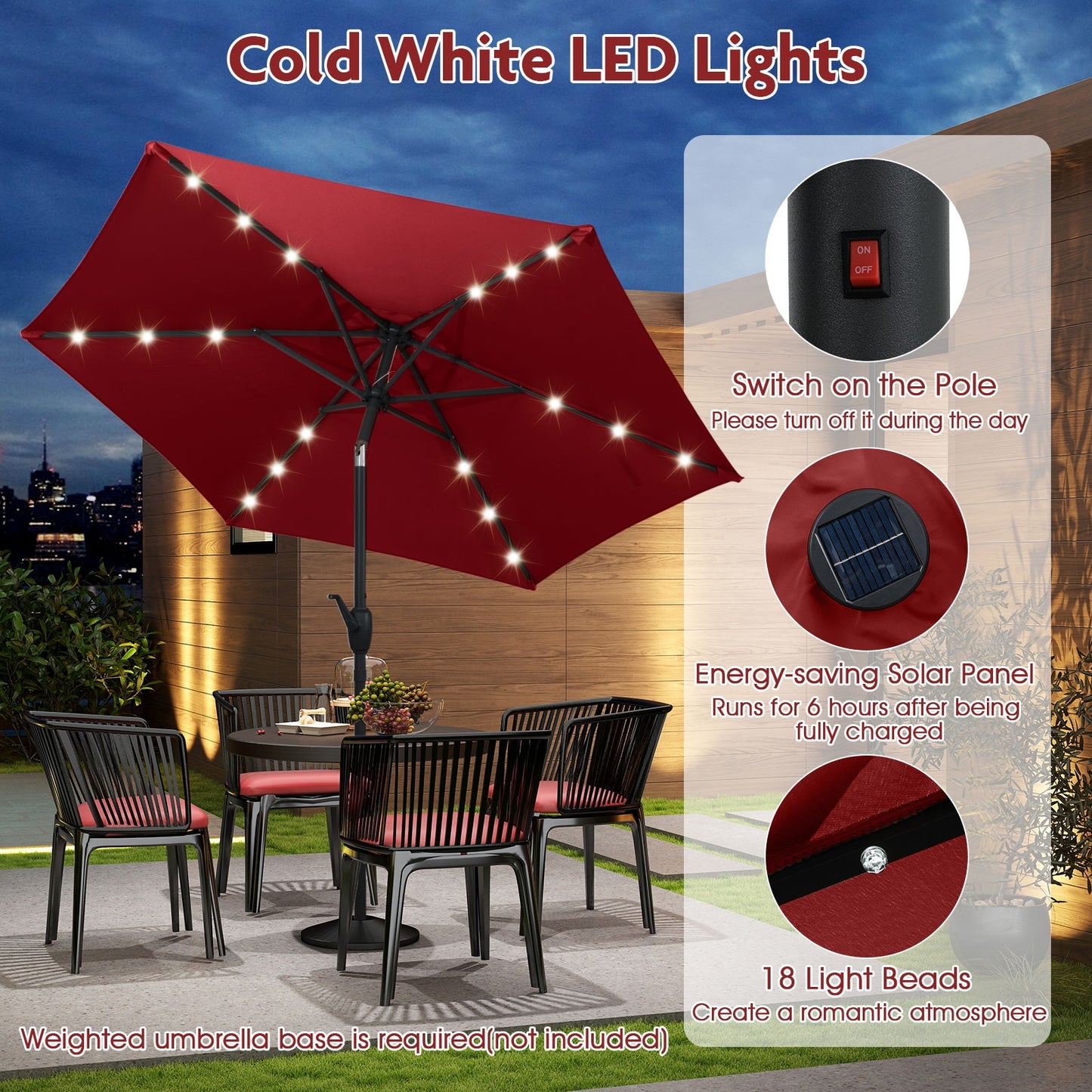 7.5 Feet Solar Powered Patio Umbrella with LED Lights and Crank Handle-Burgundy