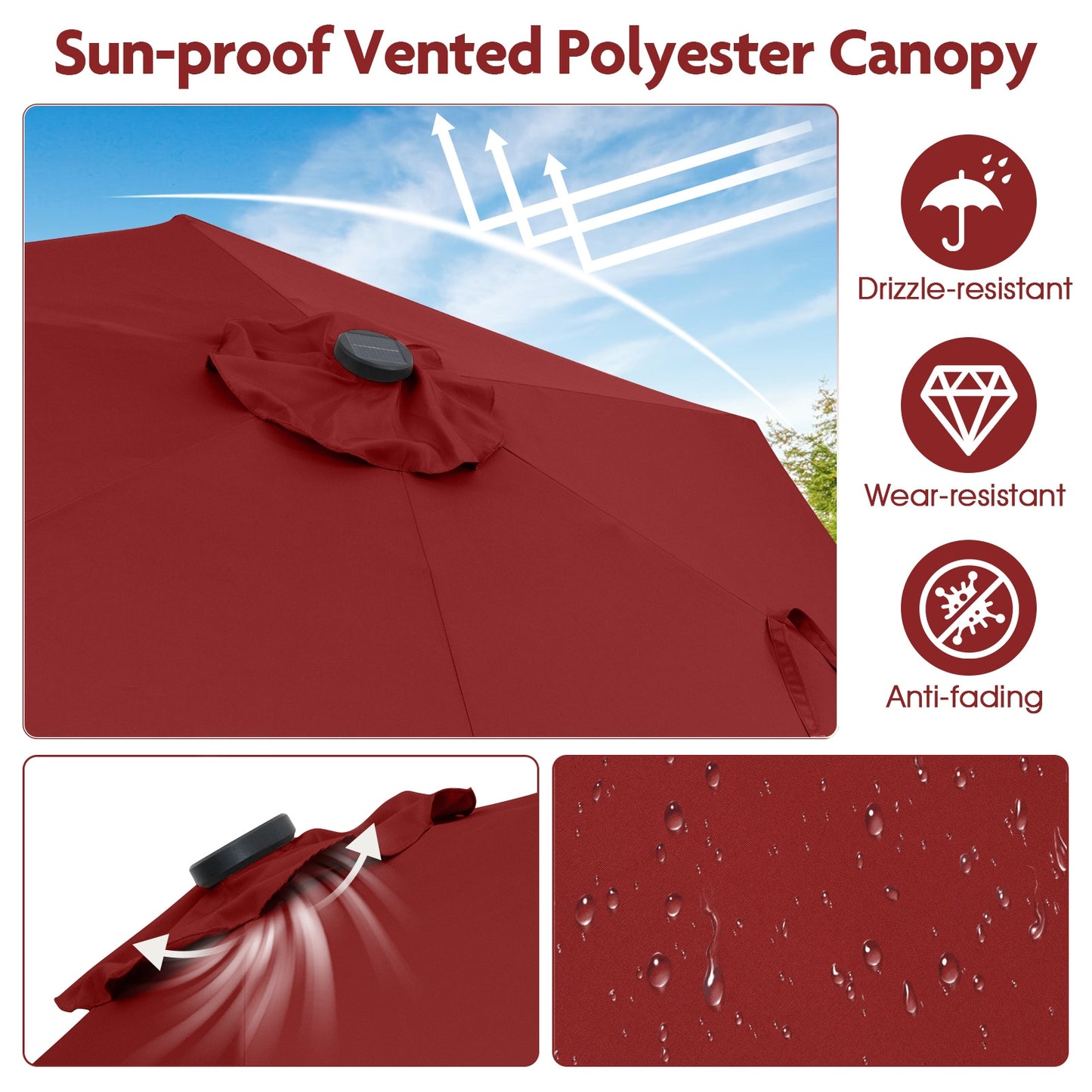 7.5 Feet Solar Powered Patio Umbrella with LED Lights and Crank Handle-Burgundy