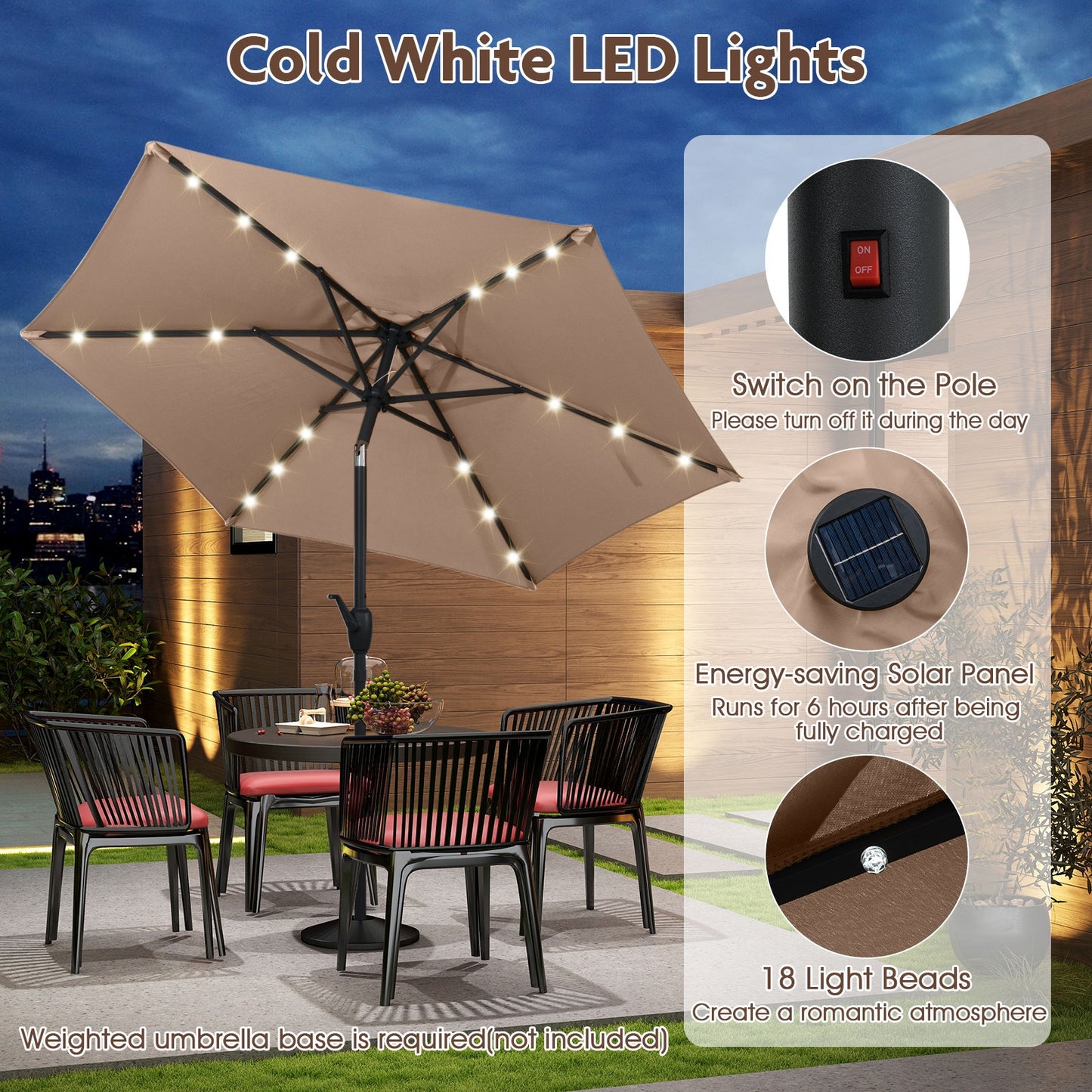 7.5 Feet Solar Powered Patio Umbrella with LED Lights and Crank Handle-Tan