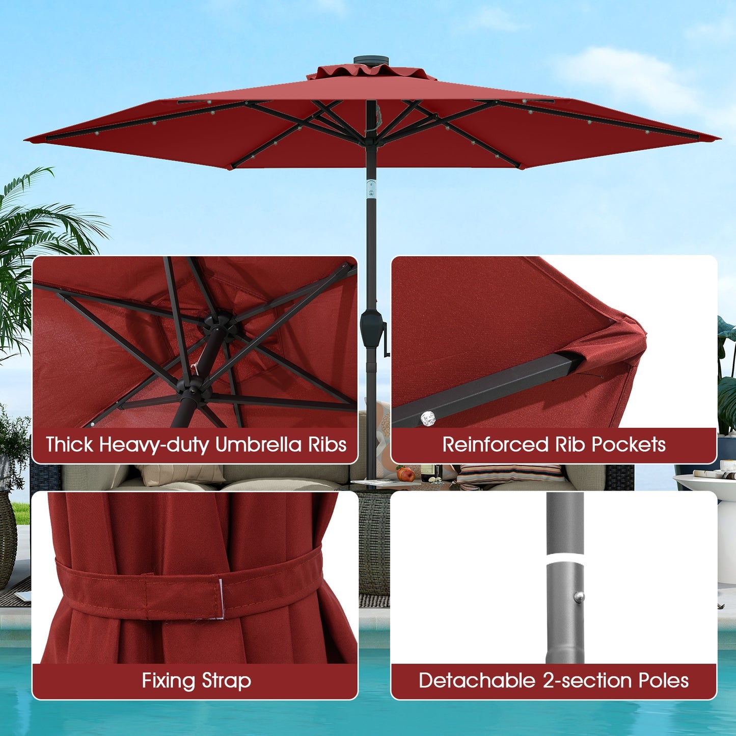 7.5 Feet Solar Powered Patio Umbrella with LED Lights and Crank Handle-Burgundy Kids Crystal