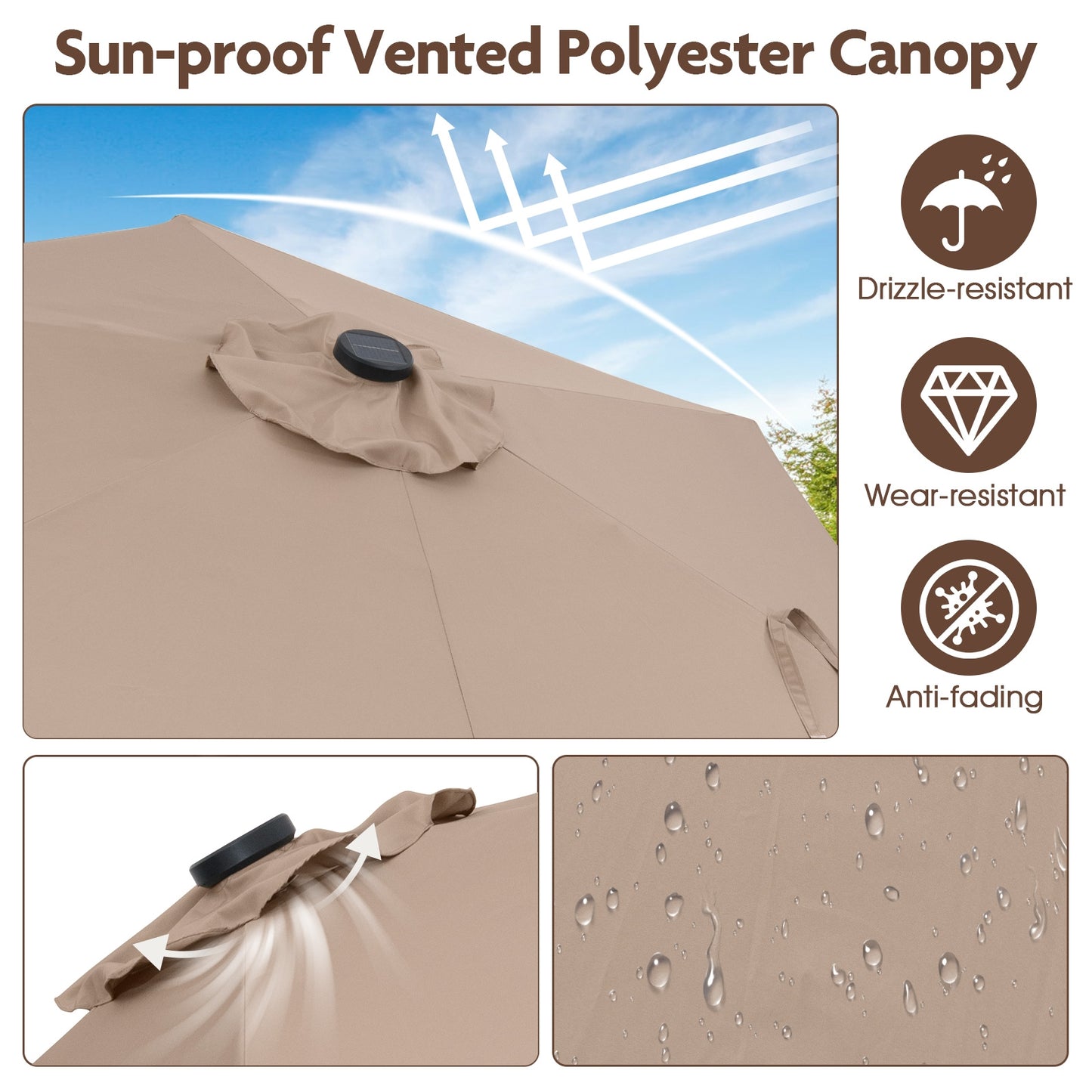7.5 Feet Solar Powered Patio Umbrella with LED Lights and Crank Handle-Tan