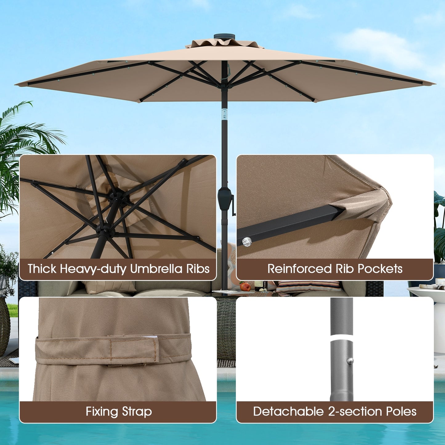 7.5 Feet Solar Powered Patio Umbrella with LED Lights and Crank Handle-Tan Kids Crystal