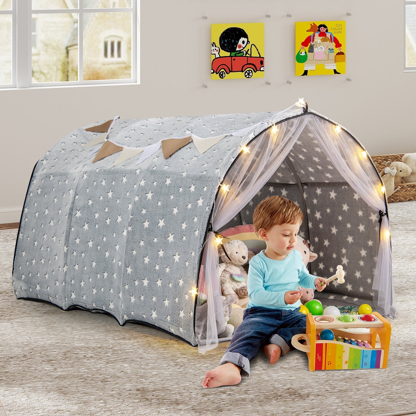 Kids Dream Bed Tent Twin Bunk Bed with Glow in the Dark Stars and Lights-Gray Kids Crystal