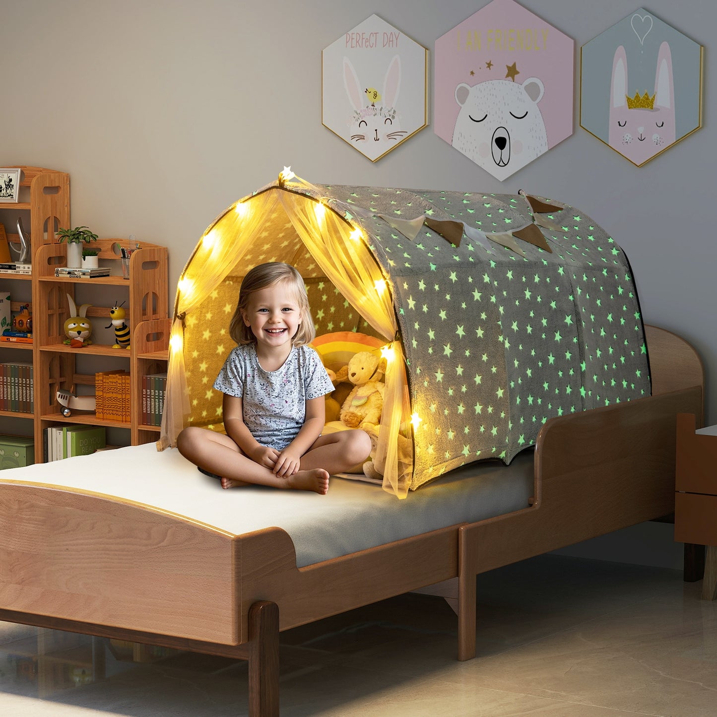 Kids Dream Bed Tent Twin Bunk Bed with Glow in the Dark Stars and Lights-Gray Kids Crystal