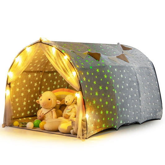 Kids Dream Bed Tent Twin Bunk Bed with Glow in the Dark Stars and Lights-Gray Kids Crystal