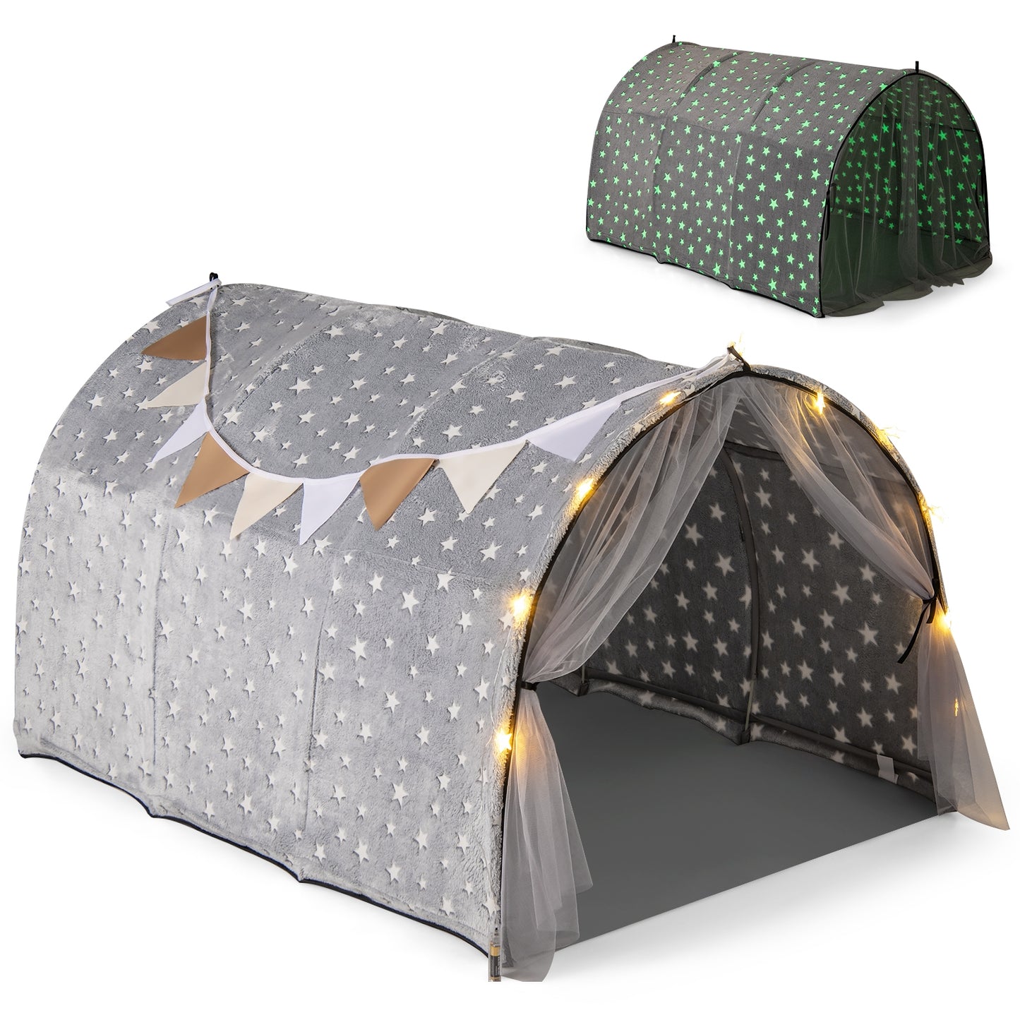 Kids Dream Bed Tent Twin Bunk Bed with Glow in the Dark Stars and Lights-Gray Kids Crystal