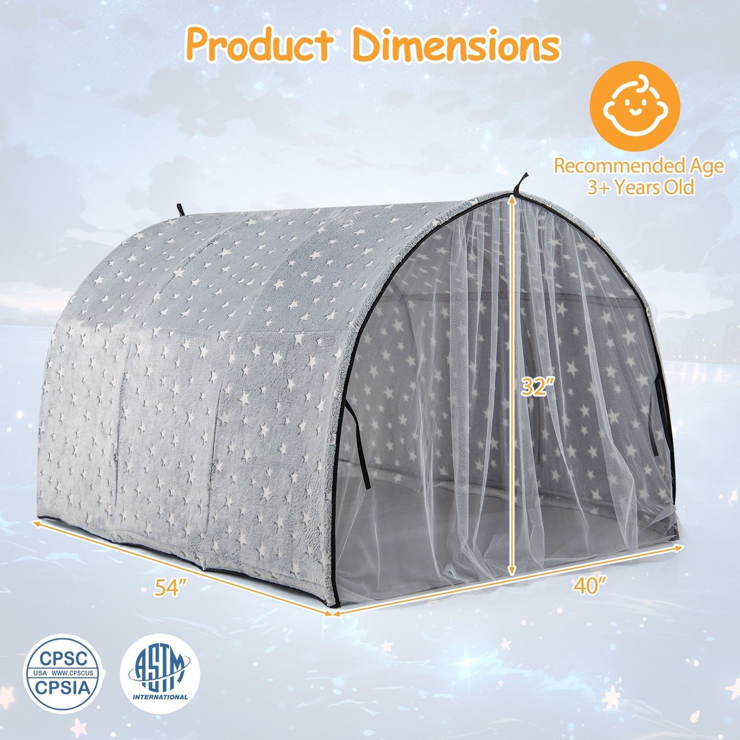 Kids Dream Bed Tent Twin Bunk Bed with Glow in the Dark Stars and Lights-Gray Kids Crystal
